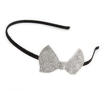 Party/ Prom/ Wedding Silver Tone with Black Silk Ribbon Clear Crystal Bow Tiara Headband - Flex