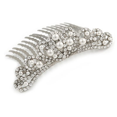 Bridal/ Wedding/ Prom/ Party Rhodium Plated Clear Crystal White Faux Pearl Hair Comb/ Tiara - 95mm