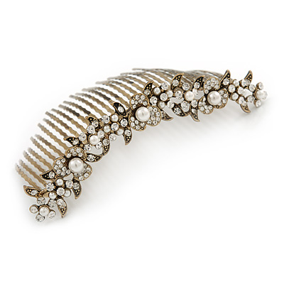 Large Vintage Inspired Clear Austrian Crystal White Glass Pearl Hair Comb In Gold Tone - 11cm