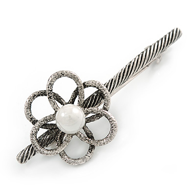 Vintage Inspired Thin Floral Barrette Hair Clip Grip Aged Silver Tone - 75mm Across