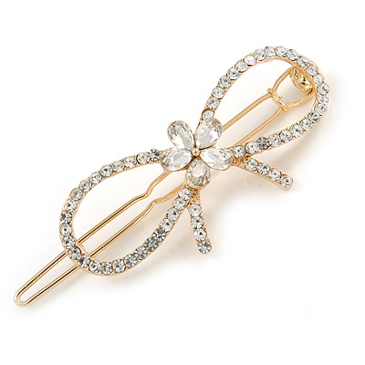 Gold Plated Clear Crystal Open Bow Hair Slide/ Grip - 55mm Across