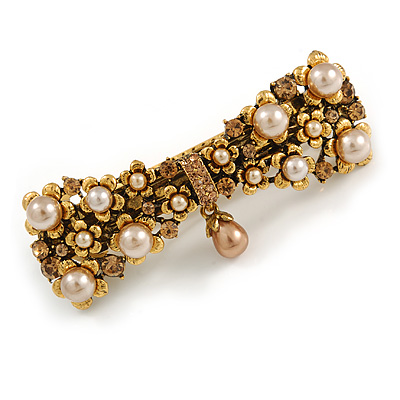 Vintage Inspired Caramel Faux Pearl, Topaz Crystal Bow Barrette Hair Clip Grip In Aged Gold Finish - 85mm Across