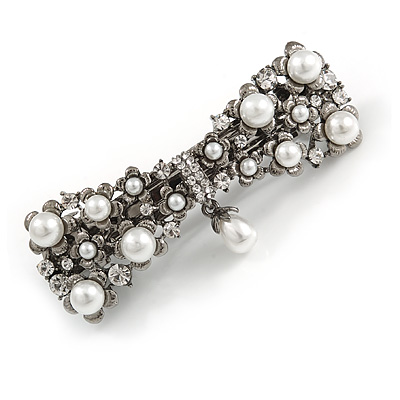 Vintage Inspired White Faux Pearl, Clear Crystal Bow Barrette Hair Clip Grip In Gunmetal Finish - 85mm Across