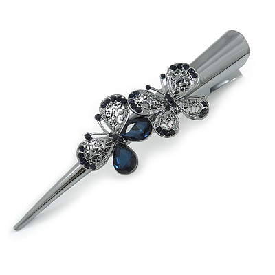 Large Midnight Blue Crystal Double Butterfly Hair Beak Clip/ Concord Clip In Black Tone - 13cm L - main view