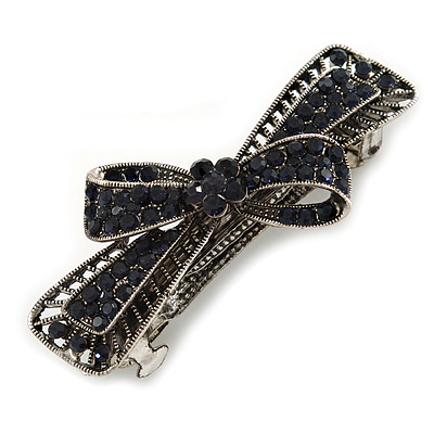Small Vintage Inspired Midnight Blue Crystal Bow Barrette Hair Clip Grip In Aged Silver Finish - 60mm Across - main view