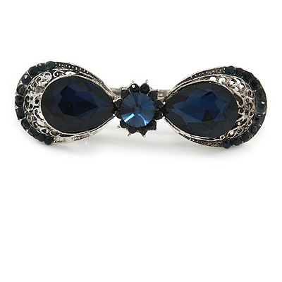 Small Vintage Inspired Midnight Blue Crystal Bow Barrette Hair Clip Grip In Aged Silver Finish - 60mm Across
