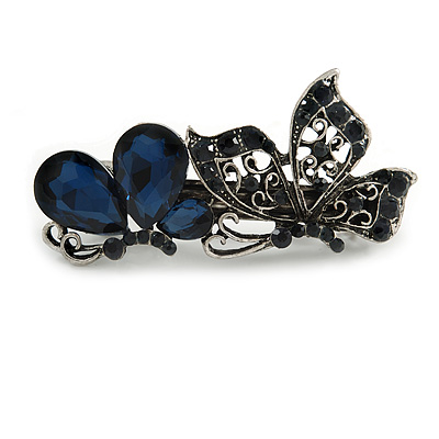 Small Vintage Inspired Midnight Blue Crystal Double Butterfly Barrette Hair Clip Grip In Aged Silver Finish - 65mm Across - main view