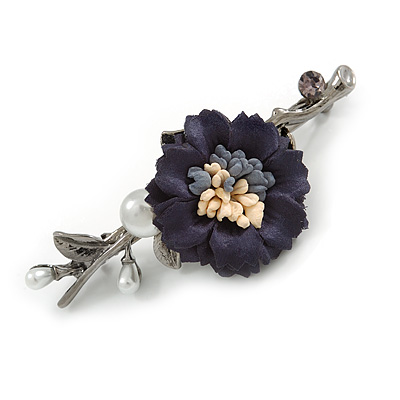 Vintage Inspired Blue Fabric Flower with White Faux Pearl Barrette Hair Clip Grip In Gun Metal Finish - 80mm Across