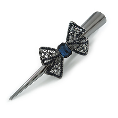 Large Midnight Blue Crystal Bow Hair Beak Clip/ Concord Clip In Black Tone - 13cm Length
