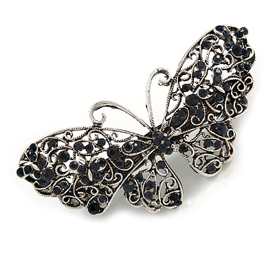 Small Vintage Inspired Midnight Blue Crystal Butterfly Barrette Hair Clip Grip In Aged Silver Finish - 70mm Across