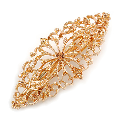 Floral Filigree Shampagne Crystal Barrette Hair Clip Grip In Rose Gold Tone Finish - 85mm Across