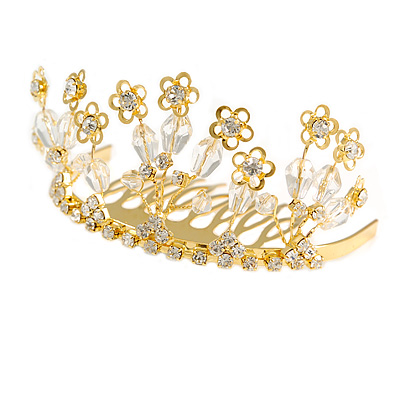 Fairy Princess Bridal/ Wedding/ Prom/ Party Gold Tone Clear Crystal and Transparent Glass Bead Floral Mini Hair Comb Tiara - 65mm