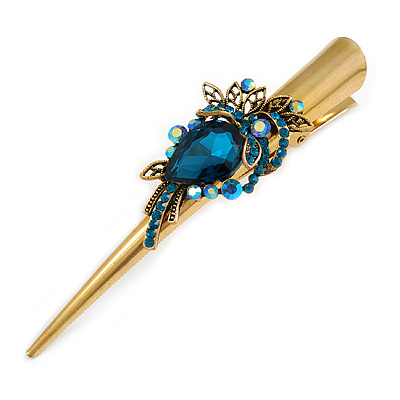 Long Vintage Inspired Gold Tone Teal Blue/ Ab Crystal Floral Hair Beak Clip/ Concord/ Crocodile Clip - 13.5cm L