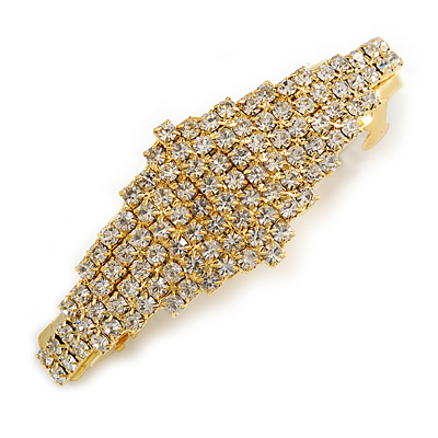 Classic Clear Crystal Geometric Barrette Hair Clip Grip In Gold Plated Metal - 75mm Across