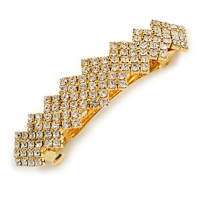 Classic Clear Crystal Geometric Barrette Hair Clip Grip In Gold Plated Metal - 85mm Across