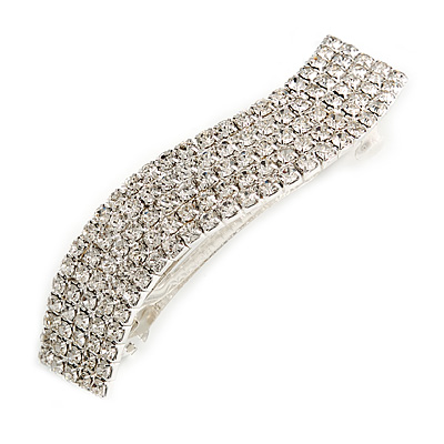 Clear Crystal Wavy Barrette Hair Clip Grip In Silver Plated Metal - 80mm