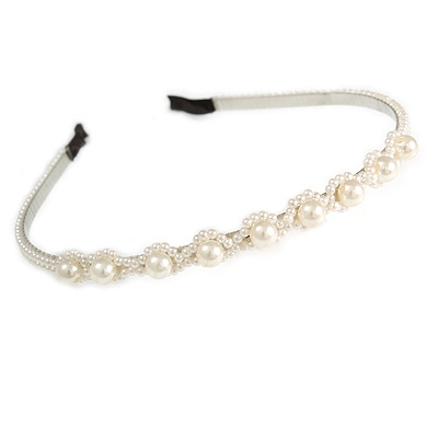 Bridal/ Prom/ Wedding Light Cream Faux Pearl Flex Hair Band/ Headband in Silver Tone Metal - Adjustable