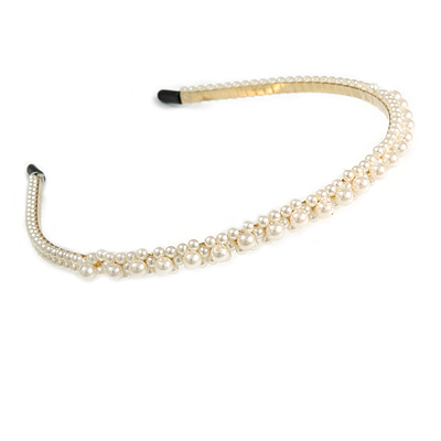 Bridal/ Prom/ Wedding Light Cream Faux Pearl Flex Hair Band/ Headband in Gold Tone Metal - Adjustable