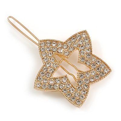 Small Gold Tone Clear Crystal Star Hair Slide/ Grip - 50mm Across