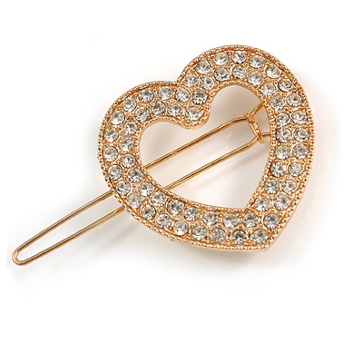 Small Gold Tone Clear Crystal Heart Hair Slide/ Grip - 50mm Across - main view