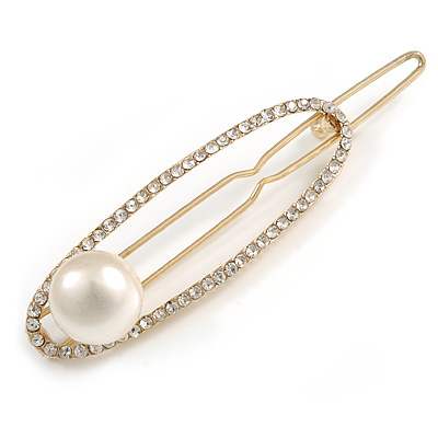 Gold Tone Metal Clear Crystal Cream Faux Pearl Oval Hair Slide/ Grip - 65mm Across