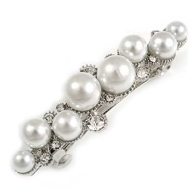 Small Faux White Glass Pearl Bead Clear Crystal Barrette Hair Clip Grip in Silver Tone - 60mm W