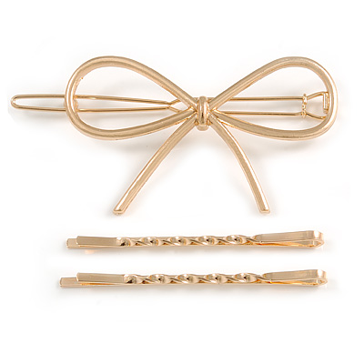 Set Of Twisted Hair Slides and Open Bow Hair Slide/ Grip In Gold Tone Metal