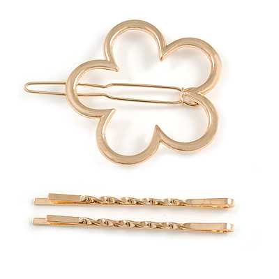 Set Of Twisted Hair Slides and Open Flower Hair Slide/ Grip In Gold Tone Metal
