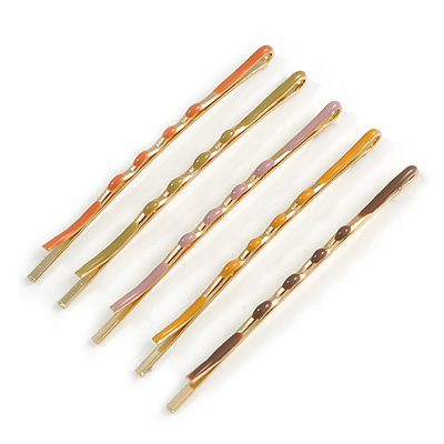 Set of 5 Multicoloured Enamel Hair Slides In Gold Tone - 65mm Long - main view