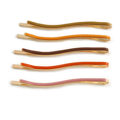 Set of 5 Multicoloured Enamel Wavy Hair Slides In Gold Tone - 55mm Long - main view