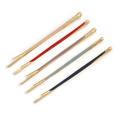Set of 5 Multicoloured Enamel Hair Slides In Gold Tone - 65mm Long