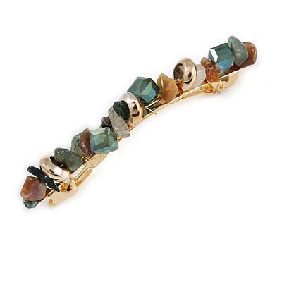 Stylish Glass, Semiprecious and Acrylic Stone Barrette Hair Clip Grip in Gold Tone (Olive, Green, Amber) - 85mm W