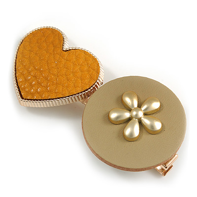 Romantic Gold Tone PU Leather Heart and Flower Hair Beak Clip/ Concord Clip (Mustard Yellow/ Beige) - 60mm L - main view