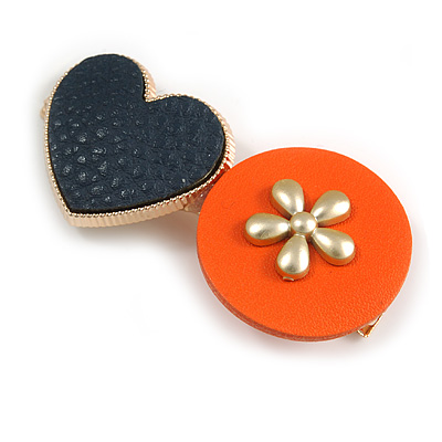 Romantic Gold Tone PU Leather Heart and Flower Hair Beak Clip/ Concord Clip (Dark Blue/ Orange) - 60mm L