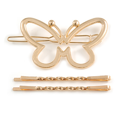 Set Of Twisted Hair Slides and Open Butterfly Hair Slide/ Grip In Gold Tone Metal - main view