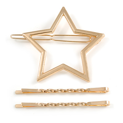Set Of Twisted Hair Slides and Open Star Hair Slide/ Grip In Gold Tone Metal
