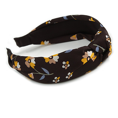 Floral Print Silk Fabric Flex HeadBand/ Head Band in Black/ Yellow/ Grey