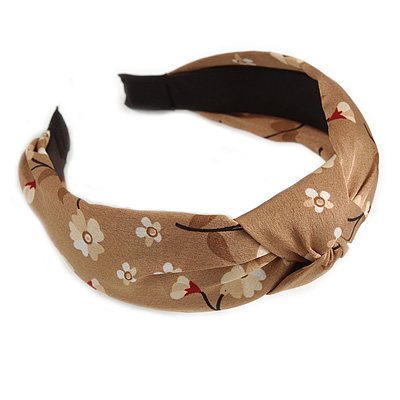 Floral Print Silk Fabric Flex HeadBand/ Head Band in Beige