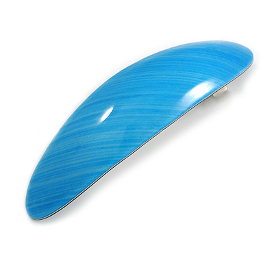Sky Blue Stripy Print Acrylic Oval Barrette/ Hair Clip In Silver Tone - 90mm Long