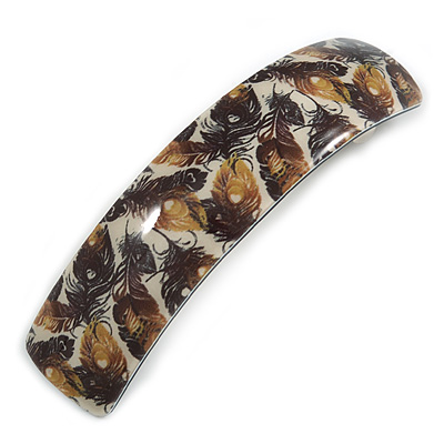 Brown/ Black Feather Motif Acrylic Square Barrette/ Hair Clip - 85mm Long