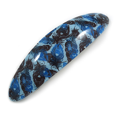 Blue/ Black Feather Motif Acrylic Oval Barrette/ Hair Clip - 95mm Long - main view