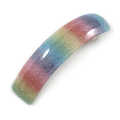 'Rainbow' Glitter Acrylic Square Barrette/ Hair Clip In Silver Tone - 90mm Long - main view
