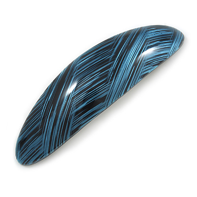 Blue/ Black Acrylic Oval Barrette/ Hair Clip In Silver Tone - 90mm Long