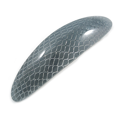 Grey Snake Print Acrylic Oval Barrette/ Hair Clip In Silver Tone - 90mm Long