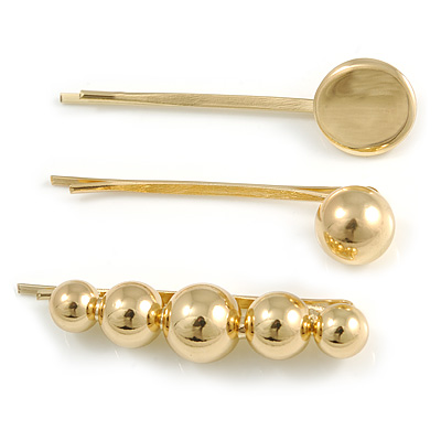 Set Of 3 Polished Ball Hair Slide/ Grip In Gold Tone Metal - 55mm Long