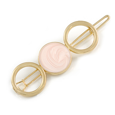 Gold Tone Triple Circle Pastel Pink Enamel Hair Slide/ Grip - 70mm Across