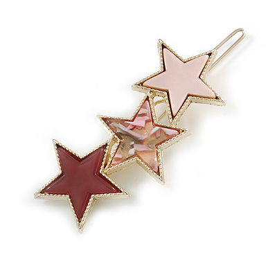 Gold Tone Triple Star Pink Hair Slide/ Grip - 65mm Across