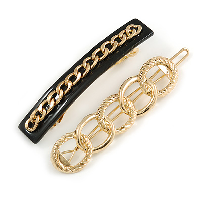 Set Of 2 Gold Tone Multi Link Hair Slide/ Grip and Black Acrylic Chain Barrette Hair Clip Grip In Gold Tone Metal  - 85mm Across - main view