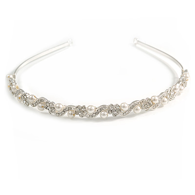 Bridal/ Wedding/ Prom Silver Tone Clear Crystal, White Pearl Flowers Tiara Headband