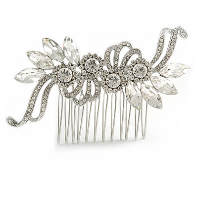 Bridal/ Wedding/ Prom/ Party Silver Tone Clear Crystal Floral Hair Comb - 90mm W